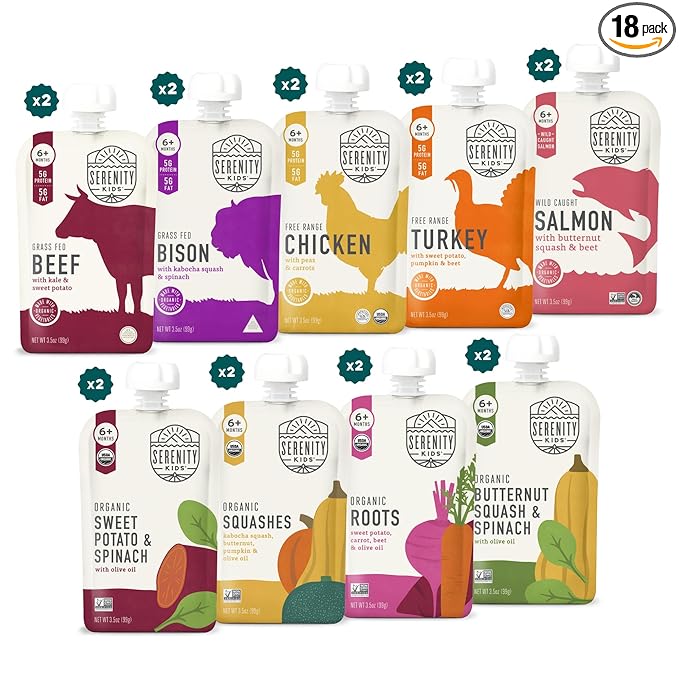 Serenity Kids 6+ Months Meats + Veggies Mixed Baby Food Puree Pouch Variety Pack 18 Count- No Sugary Fruits or Added Sugar - 3.5 Oz BPA & Allergen Free Pouch- Baby Puree Variety Pack - Pouches - Bison