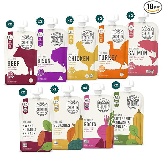 Serenity Kids 6+ Months Meats + Veggies Mixed Baby Food Puree Pouch Variety Pack 18 Count- No Sugary Fruits or Added Sugar - 3.5 Oz BPA & Allergen Free Pouch- Baby Puree Variety Pack - Pouches - Bison