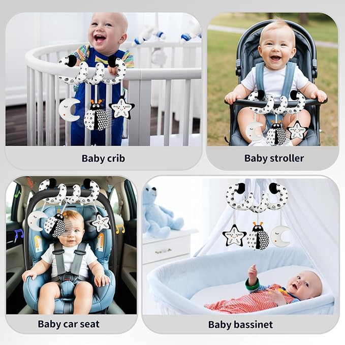 TSYAN Car Seat Toys for Babies 0-6 Months,Hanging Rattle Toys for Crib Mobile, Baby Spiral Hanging Stroller Black and White High Contrast Toys for Newborn 0 3 6 9 12 Months Baby Boys Girls (Bug)