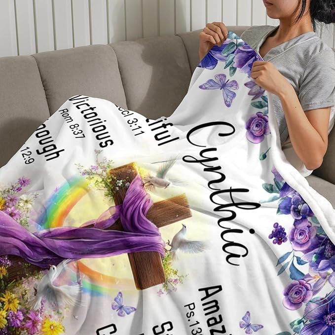 Customized Blankets with Name Personalized Baby Blankets Plush Baptism Blanket Scripture Quote Swaddle Bible Verse Blanket Christian Gift for Girls Birthday Christmas Christening Godchild Gifts