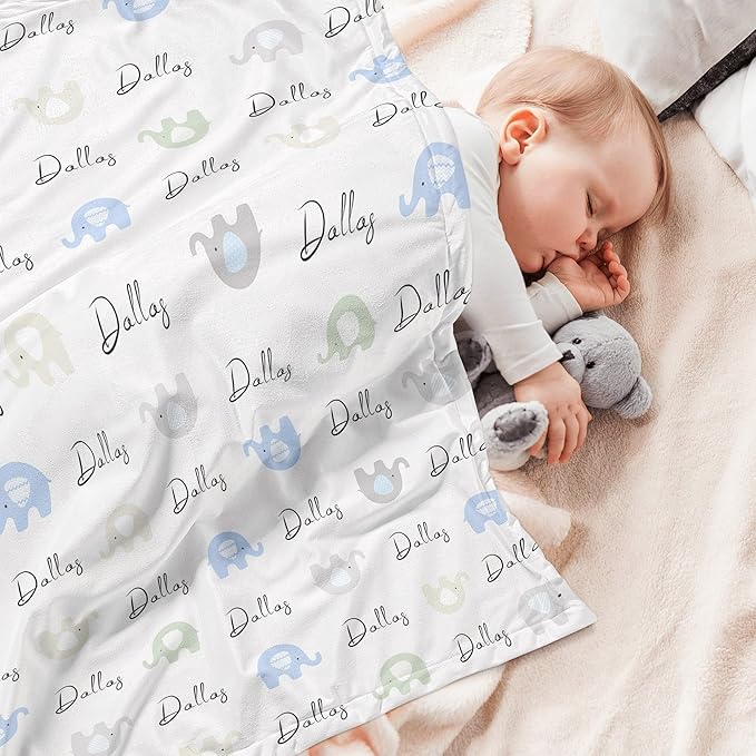 Personalized Baby Name Blanket for Boy Girl Custom Elephants Blanket for Newborn Customized Gifts for Baby Shower Birthday Christmas