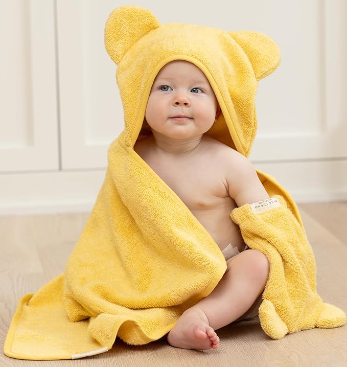 Bella Tunno Baby Bath Towel and Wash Mitt Set – Soft Absorbent Hooded Towels and Mitt-Style Baby Washcloths, Oeko-TEX Certified (Sunshine)