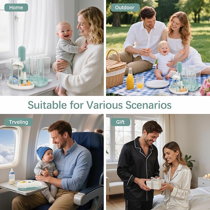 Baby Bottle Brush Set - 7 in1 Travel Bottle Cleaner Kit with Silicone Brush, Nipple Brush, Straw Brush, Bottle Drying Rack, Soap Dispenser, Storage Box, Baby Travel Essential Gift for Parents (Green)