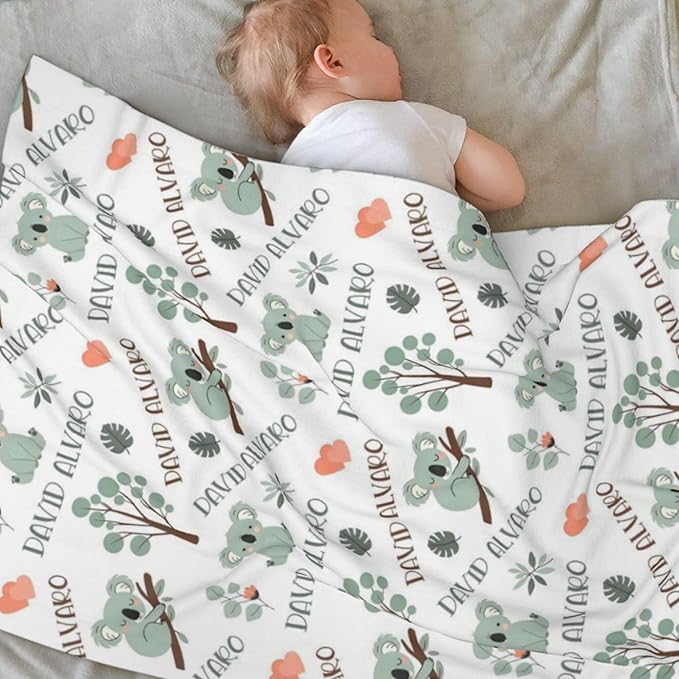 Ship Next Day Personalized Baby Blanket, Printed in USA - Custom Name Toddler Blanket with Koala Pattern, Personalized