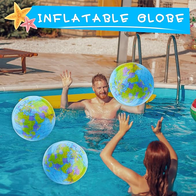 12 Pack 16 inches Inflatable Globe Blow up World Globe PVC Earth Beach Ball Globe for Kids Party Bags Swimming Pool Game Geography Classroom Playing or Teaching Party Favors Decorations