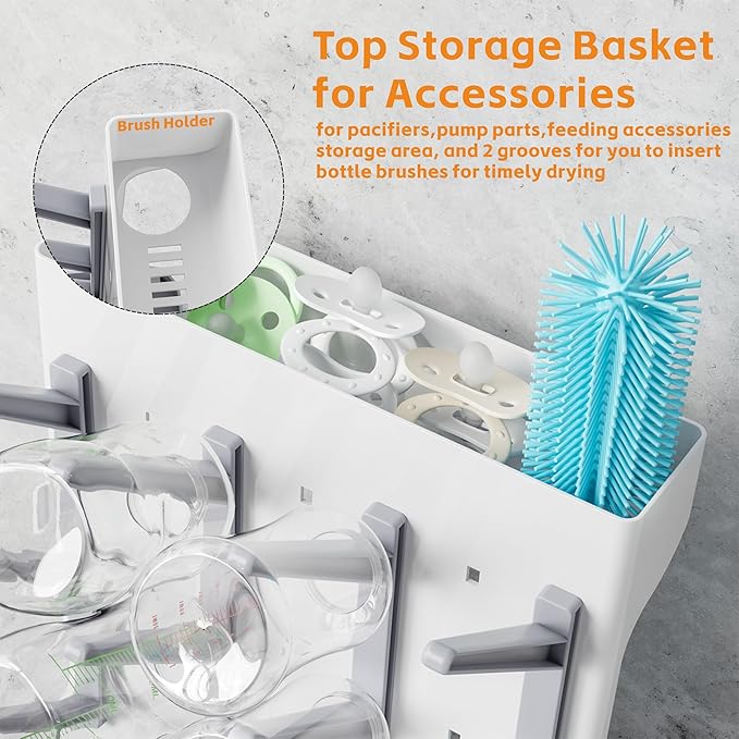 SuoXing Vertical Baby Bottle Drying Rack,Space Saving Countertop Baby Drying Rack for Bottles,Large Baby Bottle Station Stand,Bottle Rack Dryer for Brushes,Pacifiers,Baby Accessories Organizer,Grey