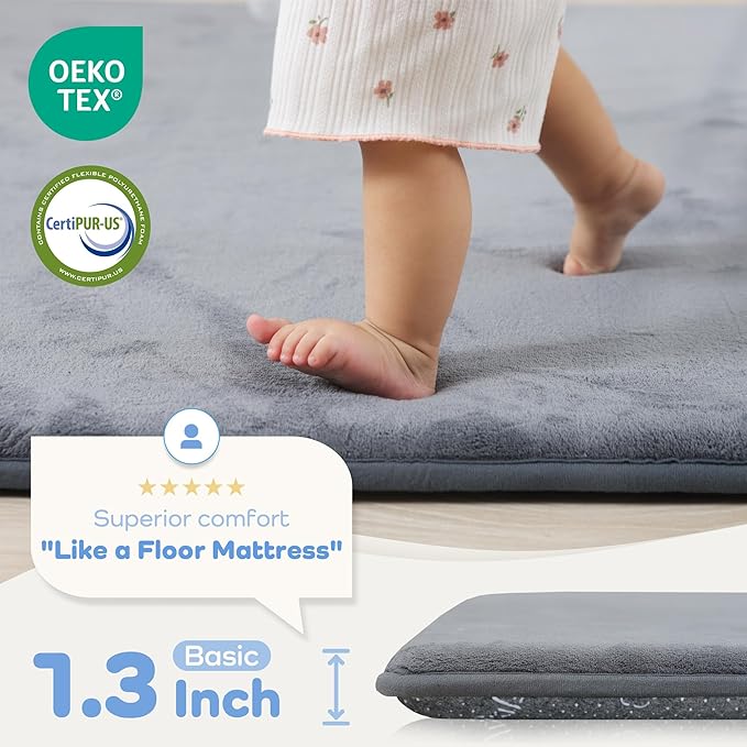 1.3" Thick Baby Floor Play Mat 71x79, Basic Padded Foam Mat for Tummy Time Crawling, Non Slip Cushioned for Babies Toddlers Infants Kids (Dark Grey)