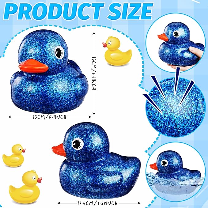 Honoson 6.89 Inch Giant Glitter Rubber Duck Big Glitter Rubber Duck Large Sparkly Duckling Bath Toy with Squeaky Sound for Summer Baby Shower Birthday Party Favor Gift(Dark Blue)