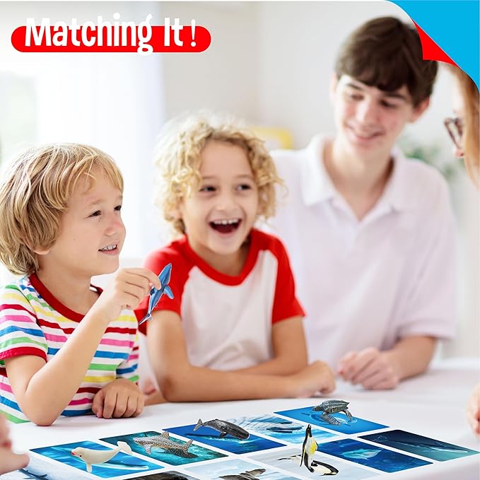 12 PCS Plastic Marine Animal Figurines with 12 Introduction Flashcards, Ocean Animals Learning Recognition Cards Realistic Undersea Animal Figures Educational Learning Toy Set for Kids, Classroom