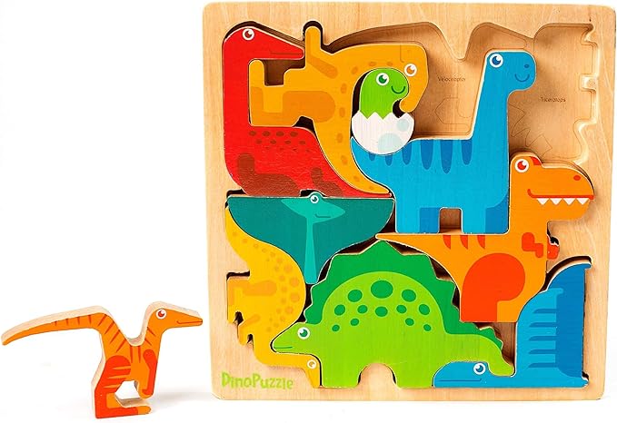 Dinosaur Puzzles for Kids Ages 3-5 – 3D Wooden Jigsaw Puzzle for Toddlers & Kids, 9”x 9” Tray, Bright Colorful Shape Sorting, Promotes Creativity & Learning, Non-Toxic Gift Toy