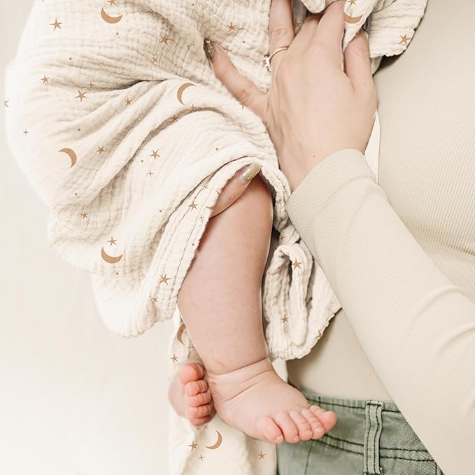 Konssy Muslin Swaddle Blankets for Girls Boys, 2 Pack Receiving Baby Blanket Large 47 x 47 inches, Soft Breathable Swaddling Wrap for Unisex Newborn (Coffee Check,Moon)