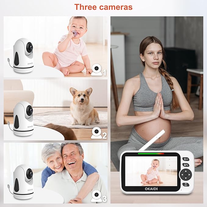 OKAIDI Video Baby Monitor with 3 Cameras, 5" Display Baby Monitor No WiFi, 30H Battery and 1000ft Range, 2-Way Talk, 8 Lullabies, Remote Pan-Tilt-Zoom Baby Camera for Baby/Pet/Elderly