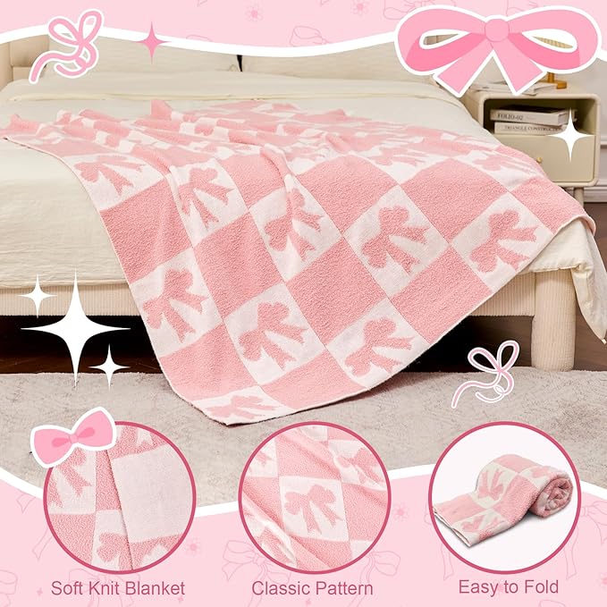 Pink Bow Blanket Cozy Knitted Bow Checkered Throw for Baby Girls, Reversible Pattern Bows Gift, Coquette Pink Bows Bedding Stuff Decor Blankets 50x60 Inches