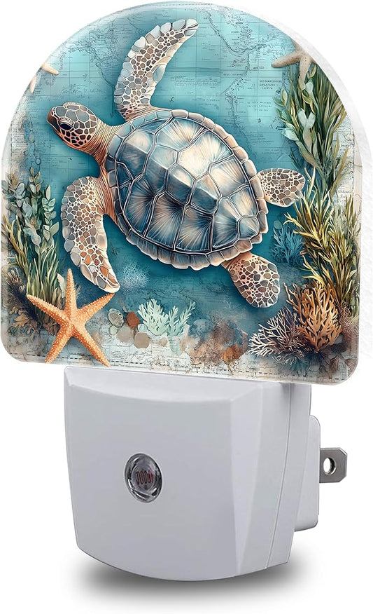Starfish World Map Night Lights Plug into Wall Sea Turtle Night Light Dusk to Dawn Smart Sensor Decorative Round Led Lamp for Bedroom Kitchen Hallway Nightlight for Women Men