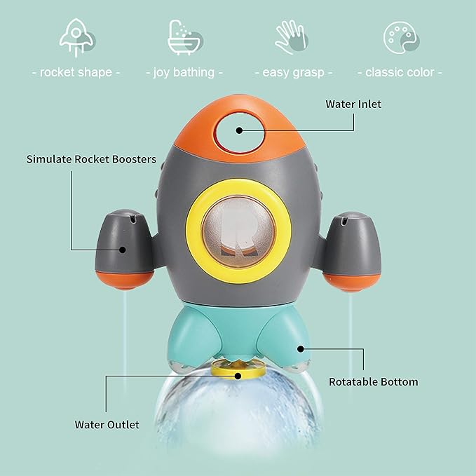 Baby Bath Toys, Space Rocket Shape Bathtub Toys for Toddlers, Spray Water Toys w/ Rotating Fountain, Bathroom Shower Toys for Infants Aged 18 Months 2 3 4 5 Years Old Kids Girls Boys