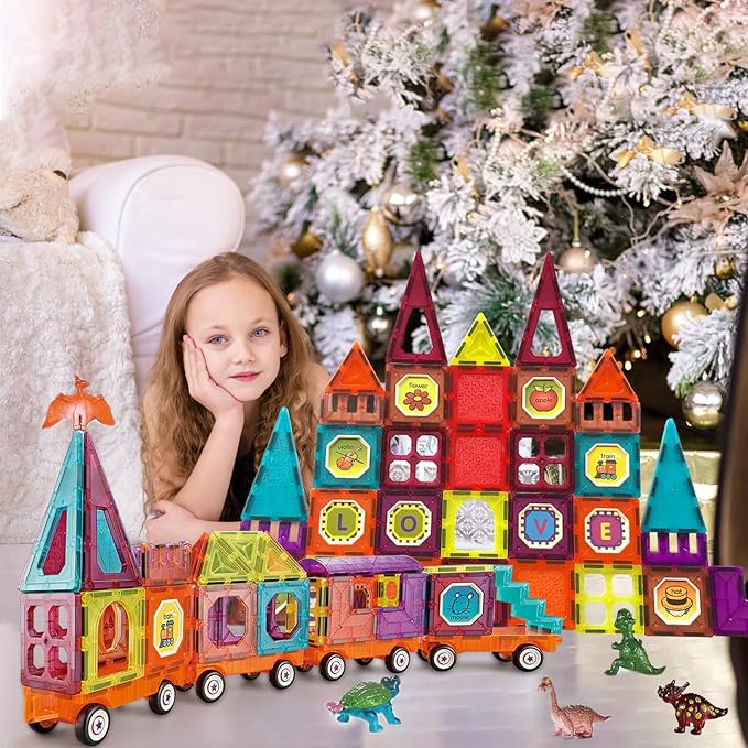 Magnetic Tiles Building Blocks with 4 Cars Magnet Train Set for Kids Construction STEM Toy Preschool Educational Creativity Learning Brithday Gift for Girls Boys Toddlers 3 4 5 6 7 8