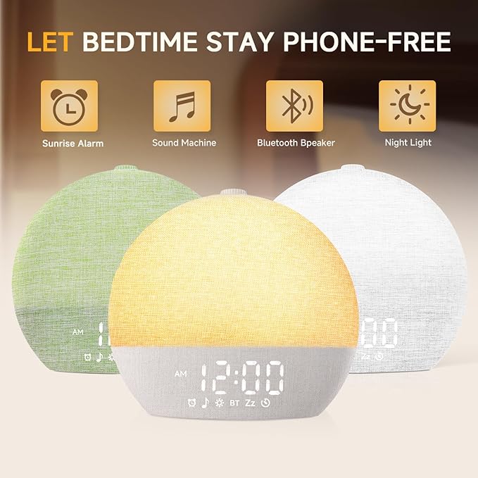Sunrise Alarm Clock White Noise Sound Machine for Bedroom | Natural Wake-Up Light with 30 Soothing Sleep Aids, Bluetooth Speaker, Dimmable Clock, Screen-Free Design for Baby Adults Kids-Khaki