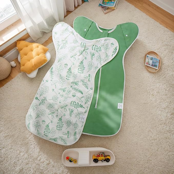 2-Pack Newborn Swaddle Sleep Sack - Baby Transitional Swaddle Sack 0-3 Months, Arms Up Swaddles with Cuff Removable Design, Green Leaves, 100% Cotton Newborn Sacks