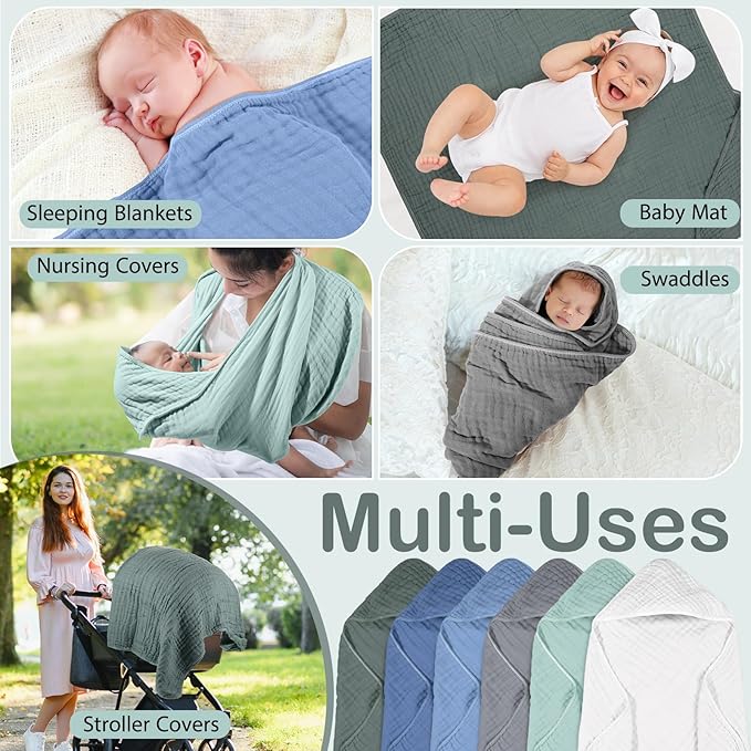 Peryiter 6 Pcs Muslin Hooded Baby Towels, 32"x 32" Cotton Newborn Bath Towel Muslin Infant Baby Blankets Absorbent Unisex Newborn Registry Gift Essentials for Girls Boys (Blue Series)