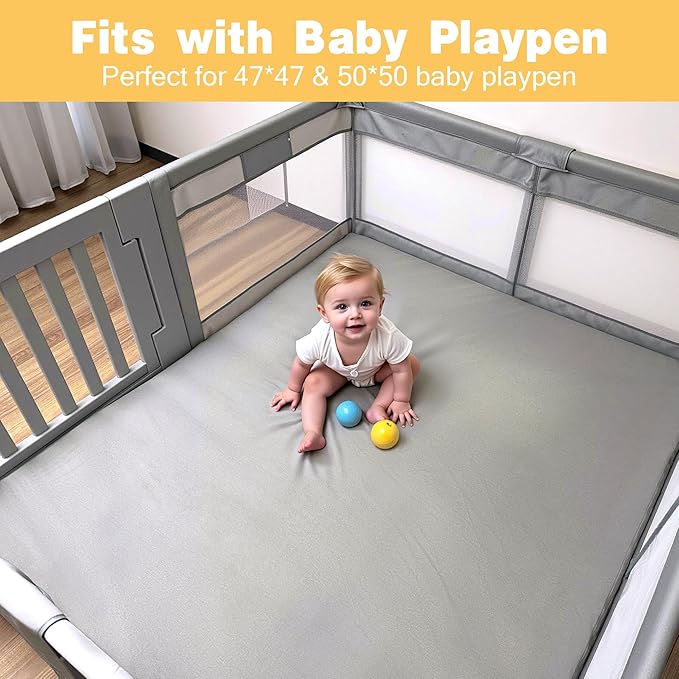 48" ×48" Padded Baby Play Mat for Floor, 1.2" Thick Memory Foam Mat with Machine Washable Cover, Soft Tummy Time Crawling Playmat with Non-Slip Bottom, Fits 50" x50" Playpens