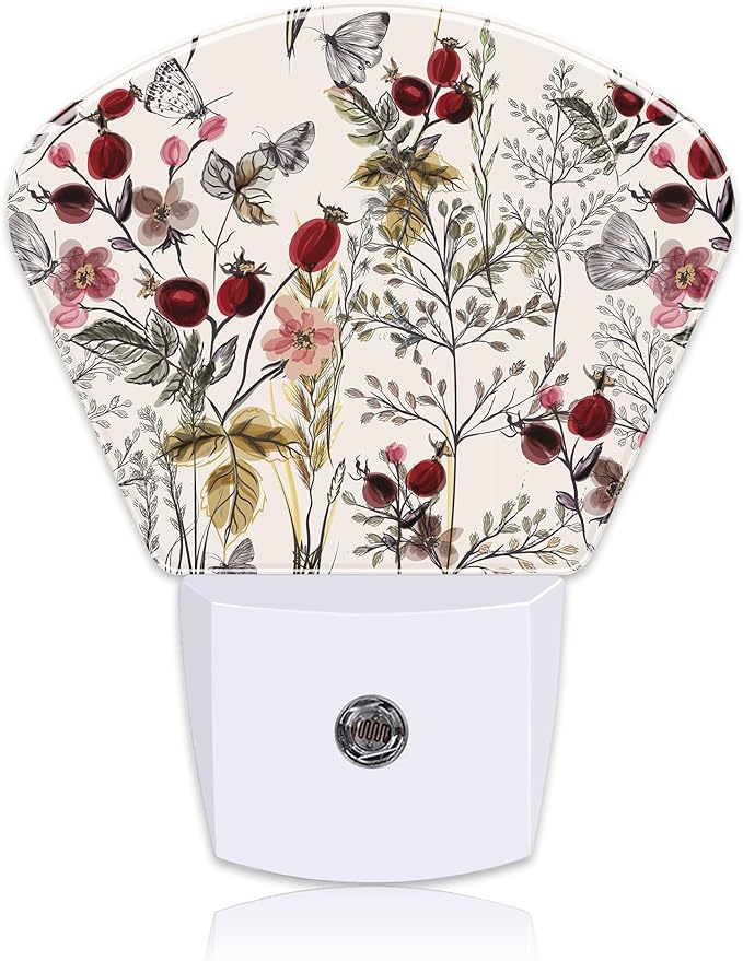 Butterfly Plug in Night Lights, Vintage Flowers Plants Nightlight Plug Into Wall Dusk to Dawn Sensor for Kid Girls Boys Women Men Bedroom, Hallway, Kitchen, Bathroom, Stairs Decor