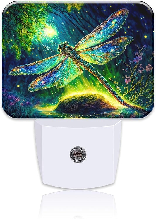 Glowing Dragonfly Plug in Night Lights, Fantastic Enchanted Forest Nightlight Plug Into Wall Dusk to Dawn Sensor for Kid Girls Boys Women Men Bedroom,Hallway,Kitchen,Bathroom,Stairs Decor