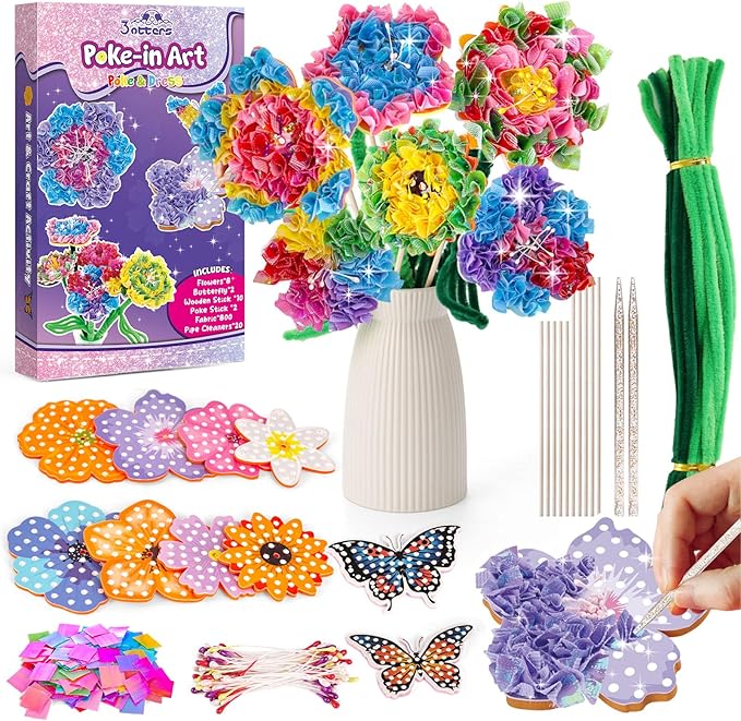 3 otters Poke in Art, Fabric Flower Bouquets Toys Arts and Crafts for Girls Ages 4-12 DIY Creative Activities Birthday Craft Gifts