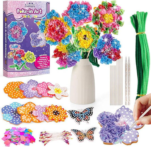 3 otters Poke in Art, Fabric Flower Bouquets Toys Arts and Crafts for Girls Ages 4-12 DIY Creative Activities Birthday Craft Gifts