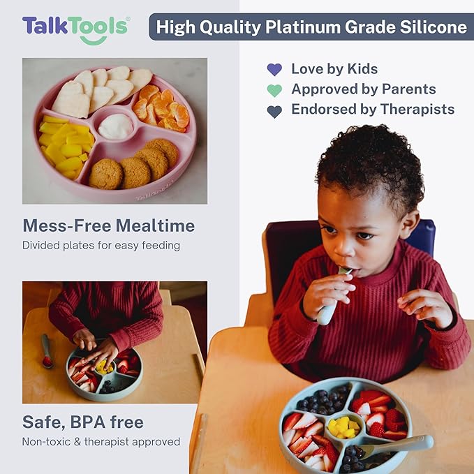 TalkTools Bitsy Silicone Suction Plates for Toddlers – Divided Baby Plate for Kids 6+ Months | BLW Feeding Essentials | Microwave Safe, BPA-Free | Weaning Supplies Must Haves - Pink (Made in USA)