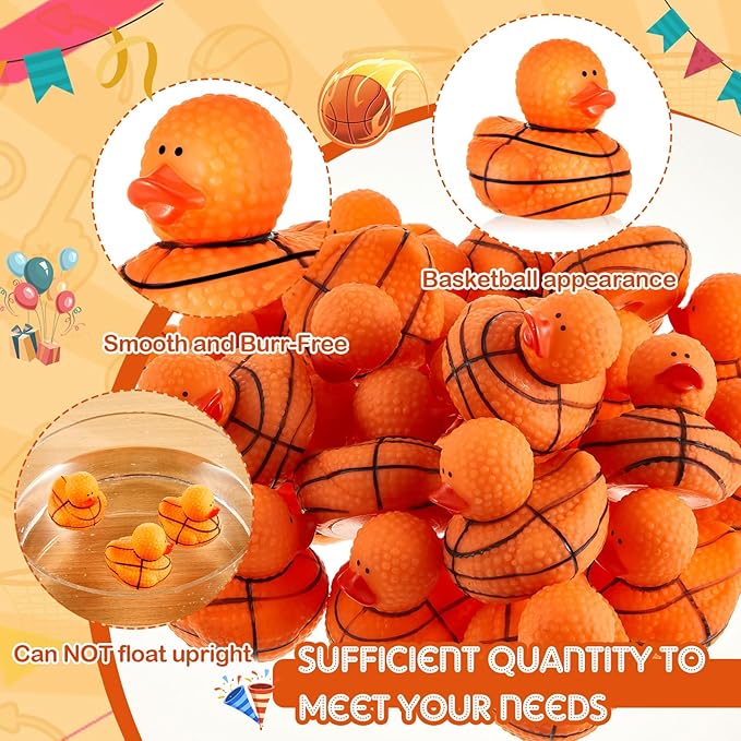 Deekin 24 Pcs Rubber Duck 2 Inch Bulk Sport Party Favors for Birthday Party Decorations Club Player Gift (Basketball)