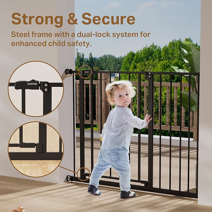 InnoTruth 29.5–40.75" Baby Gate for Stairs, 30" Tall Dog Gates for Doorways & Hallways, Safety Gate for Kids & Pets, Pressure-Mounted Walk-Through with Dual Lock & 2-Way Swing, Black