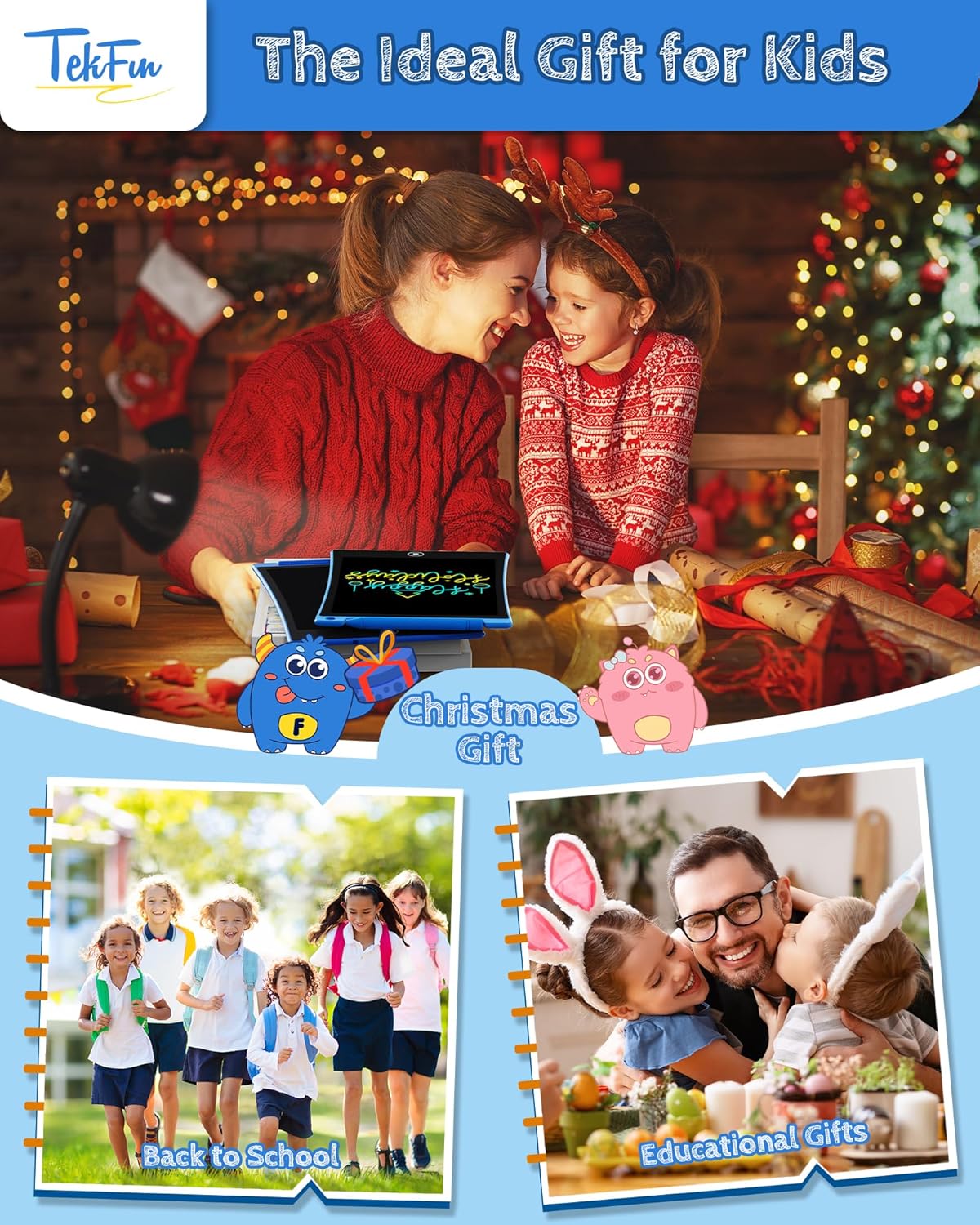 TEKFUN 2 Pack LCD Writing Tablet with Anti-Lost Stylus, 10in Erasable Doodle Board Coloring Drawing Pad for Kids, Car Trip Educational Toys Birthday Gift for 3 4 5 6 7 Girls Boys Toddler (2*Blue)