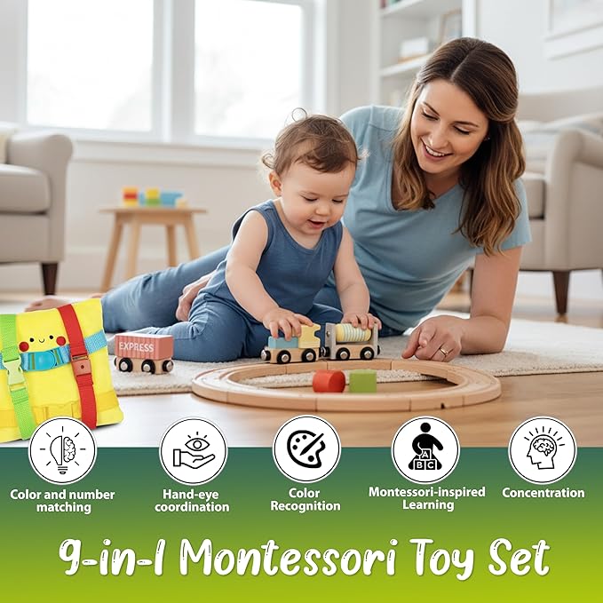 Pine Bunny Montessori Wooden and Plush 12-in-1 Toy Set for 22+ Months, Buckle Toy, Magnetic Color Cup Match Pattern Pegs Space and Distance Farm Game Wooden Train Set Educational Learning Toddler Toys