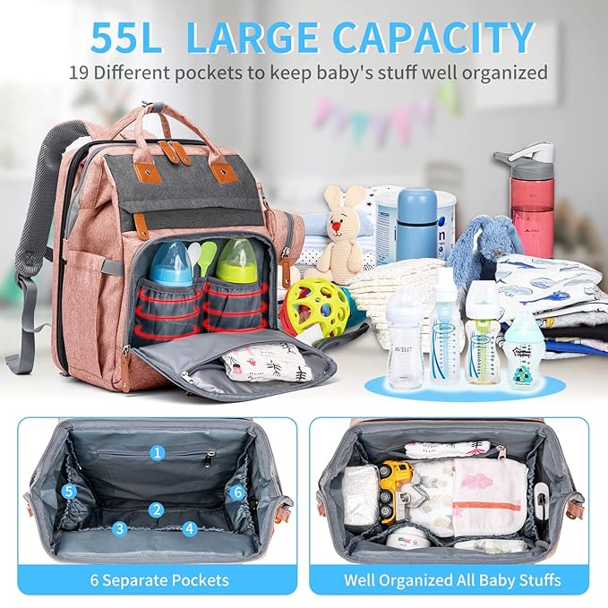 KABAQOO Diaper Bag Backpack with Detachable Changing Station, Large Capacity Baby Diaper Bags for Boys & Girls, Baby Registry Search Stuff & Shower Gifts, Newborn Essentials Must Haves, Pink Grey