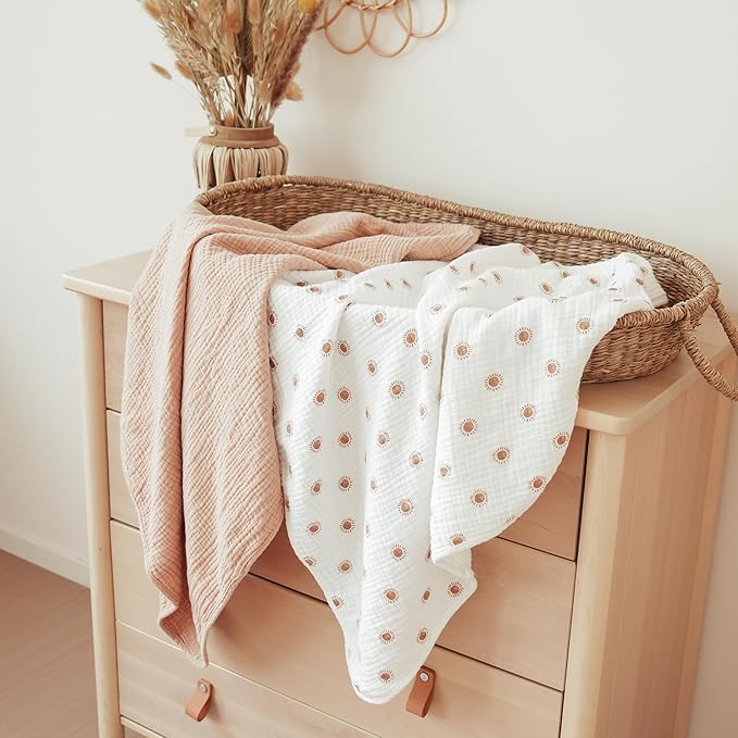 Konssy 2-Pack Muslin Hooded Baby Towels, 100% Cotton, Ultra-Soft & Absorbent Baby Bath Towels with Hood for Newborn & Infant (Camel, Sun,32" x 32")