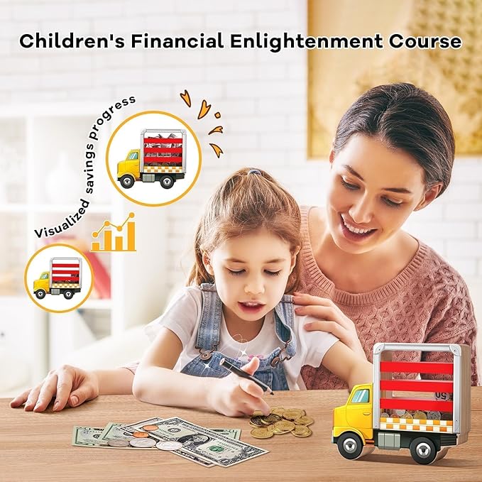 Wooden Piggy Bank for Kids, Truck Piggy Bank with Acrylic Panels, Unbreakable Toddler Money Box for Boys and Girls, DIY Kids Safe Coin Box with Letter Sticker, Birthday Gift