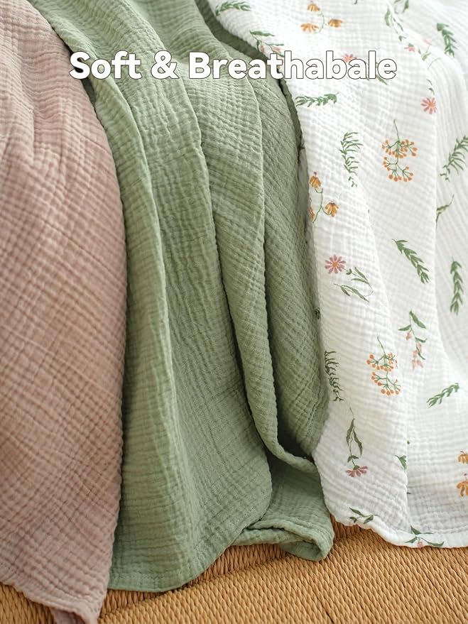 TILLYOU 3 Pack Muslin Swaddles for Newborns Baby Blankets for Girls Boys Cotton Swaddle Blankets 40"x40", Daisy