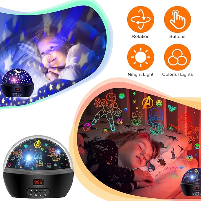 Kid Light Projector Superhero Toys for Boys 5-7 Avengers Night Light Projector with Timer for Kids Room, 360 Degree Rotation Toddler Nightlights with Spiderman Figurine Star Lamps