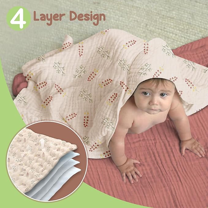 Organic Cotton Muslin Baby Hooded Towels - 32x32 Inch, 2 Pack Newborn Bath Towels for Boys & Girls, Soft & Absorbent Bath Set (Pink/Floral)