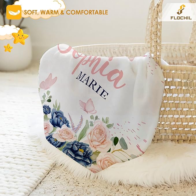 FLOCHIL Personalized Baby Blanket for Girls, Custom Baby Blanket with Name, Customized Baby Products, Gift for Baby, Newborn, Baby Shower (Floral 3)