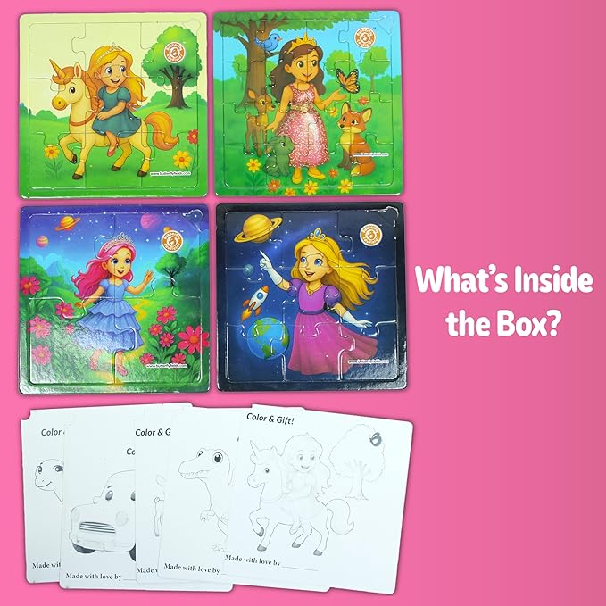 Butterfly EduFields 4-in-1 Princess ‍ & Unicorn Jigsaw Puzzles for Girls | 38 Pcs Puzzle Toy for Kids Age 3 4 5 6 7 Years | Preschool Learning with Coloring Sheets | Birthday Gift for Girls