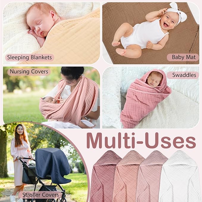 Peryiter 4 Pcs Muslin Hooded Baby Towels, 32"x 32" Cotton Newborn Bath Towel Muslin Infant Baby Blankets Absorbent Unisex Christmas Registry Gift Essentials for Girls Boys (Light Pink)