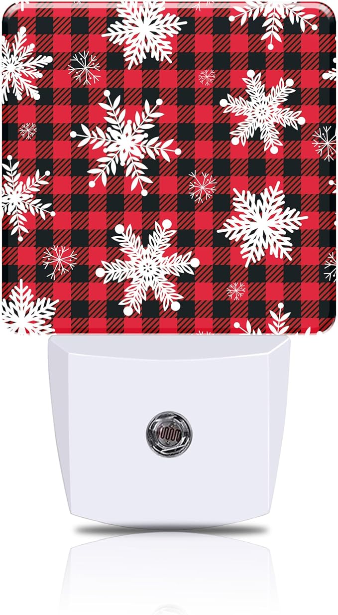 Christmas Snowflakes Night Light, Red and Black Checkered Plug-in Nightlight with Dusk to Dawn Auto Sensor for Home Bedroom Hallway Kitchen 0.5W Sleep Friendly Led Lamp for Women Men