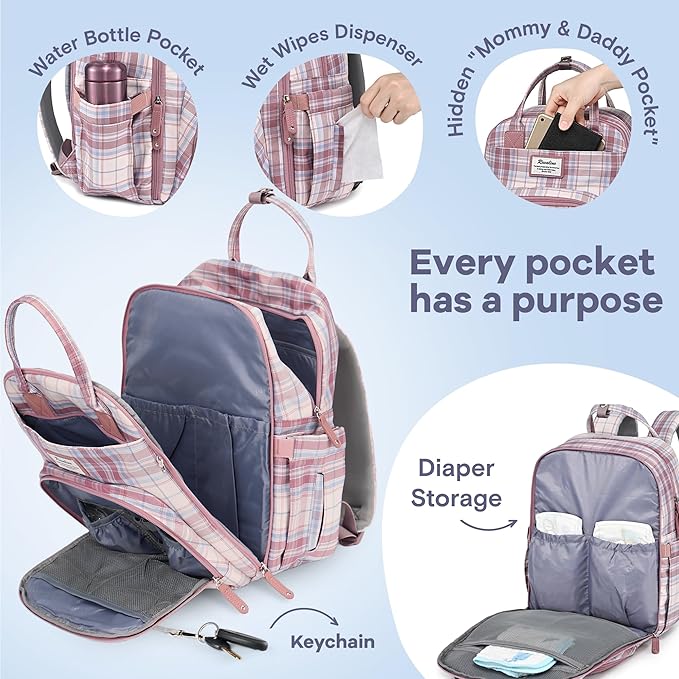 RUVALINO Diaper Bag Backpack, Multifunction Travel Pack Maternity Baby Changing Bags, Large Capacity, Waterproof, Pink Plaid