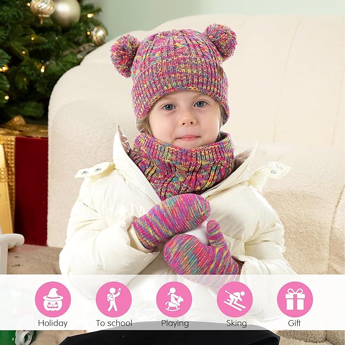 Kids Toddlers Winter Beanie Hats Gloves Neck Scarf Set Mittens Gifts for 0 6 12 Months 1 2 3 4-8 Year Old Baby Girls Boys
