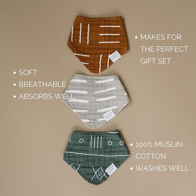 Mebie Baby Muslin Cotton Bib, 3 pack, Baby Bib Set for Burp, Spit Up, Drool, Bandana Bibs for Baby Boy or Baby Girl