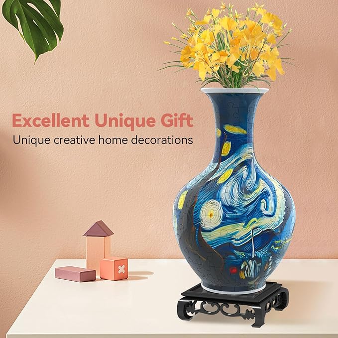 3D Puzzles Vase for Adults, Crafts for Adults, 164 Pieces Plastic DIY Unique Flower Vase with LED Light House Warming Gift Birthday Gifts for Flower Arrangements and Home Decor (Blue)