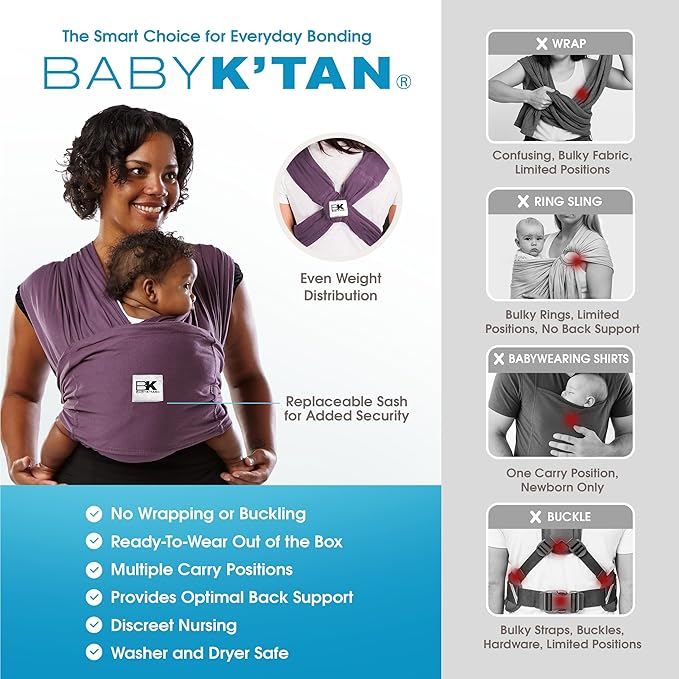 Original Baby K'tan Baby Carrier: #1 Easy Pre-Wrapped, Soft, Slip-On, No Rings, No Buckles | 5 in 1 Baby Sling Gift | The Best Hands Free Infant Wrap | Eggplant | X-Small