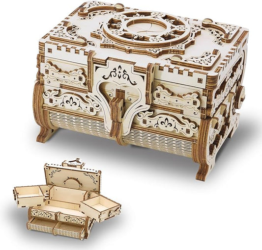 3D Wooden Puzzle for Adults Jewelry Box, DIY Mechanical Treasure Case, Decorative Jewelry Storage Kit, Vintage Laser Cut Model Craft, for Christmas, Birthday