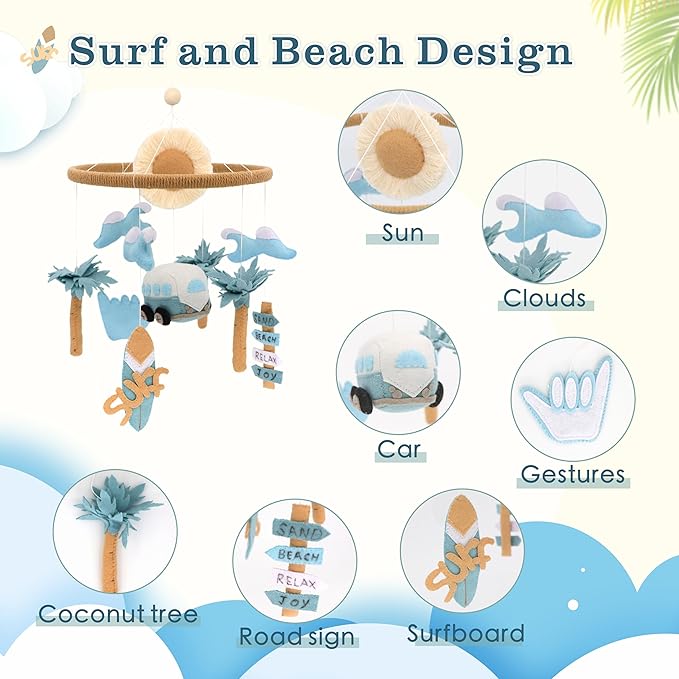 Surf Mobile for Crib Handmade Felt Nursery Decor Crib Mobile surf for Bassinet Baby Shower Newborn Baby Gift Beach Nursery Decor (Surf and Beach)